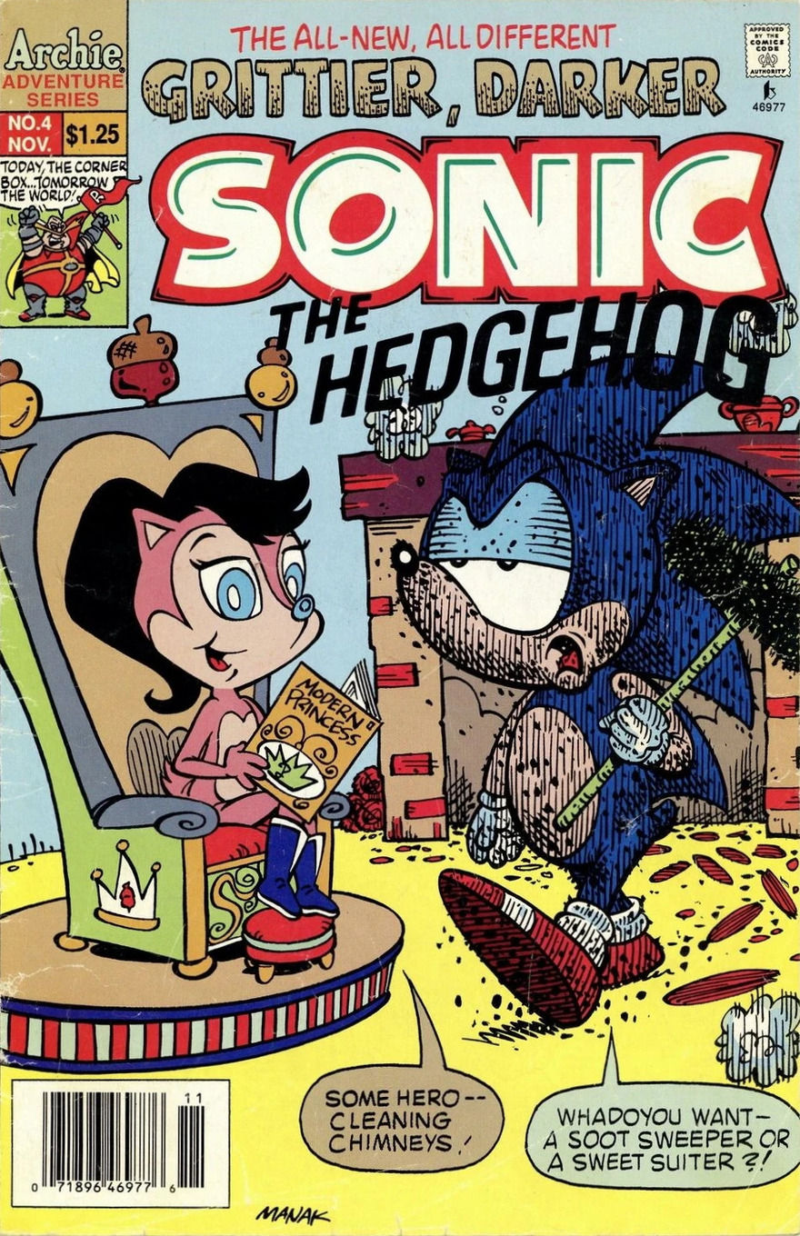 The comic book cover shows Sonic the Hedgehog, covered in soot and holding a broom, walking into a room after descending a chimney. A female character sits on a throne, reading.