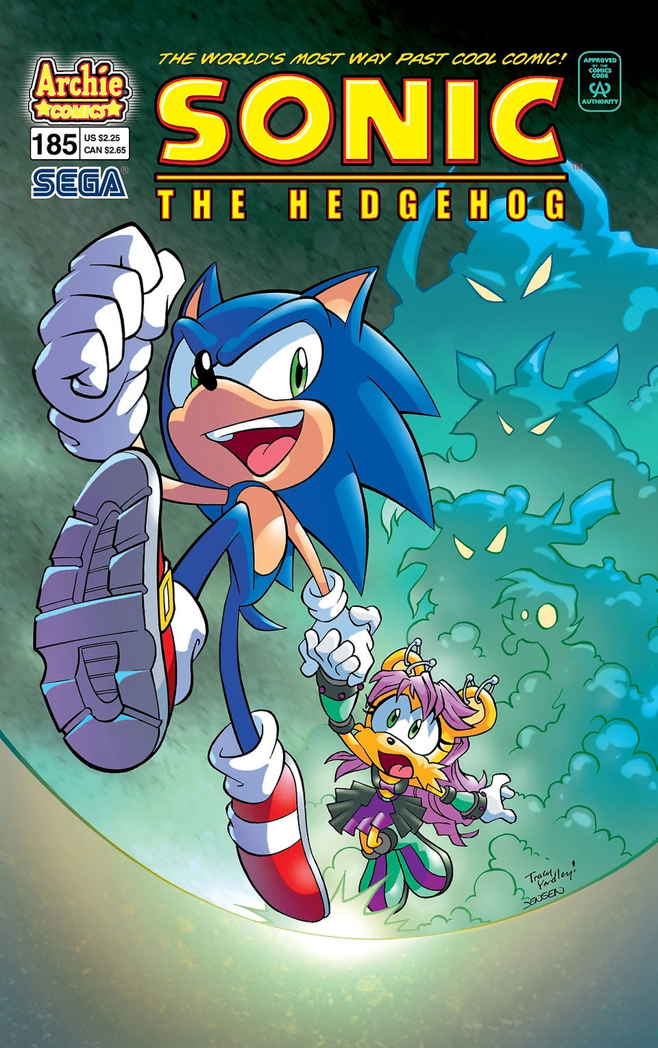 Sonic runs excitedly, pulling a female character by the hand as they escape under the watchful eyes of dark silhouettes.