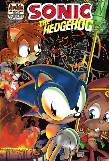 Sonic, Tails, and another character look apprehensive. They stand amidst flames and the silhouette of a beast.