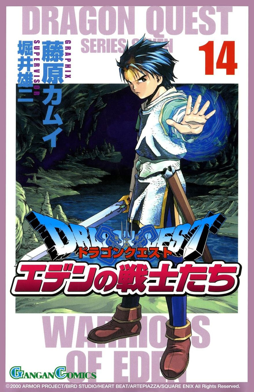 Cover of "Dragon Quest" manga volume 14. A young warrior stands confidently, one hand raised with glowing energy, sword at his side, set in a mysterious cave.