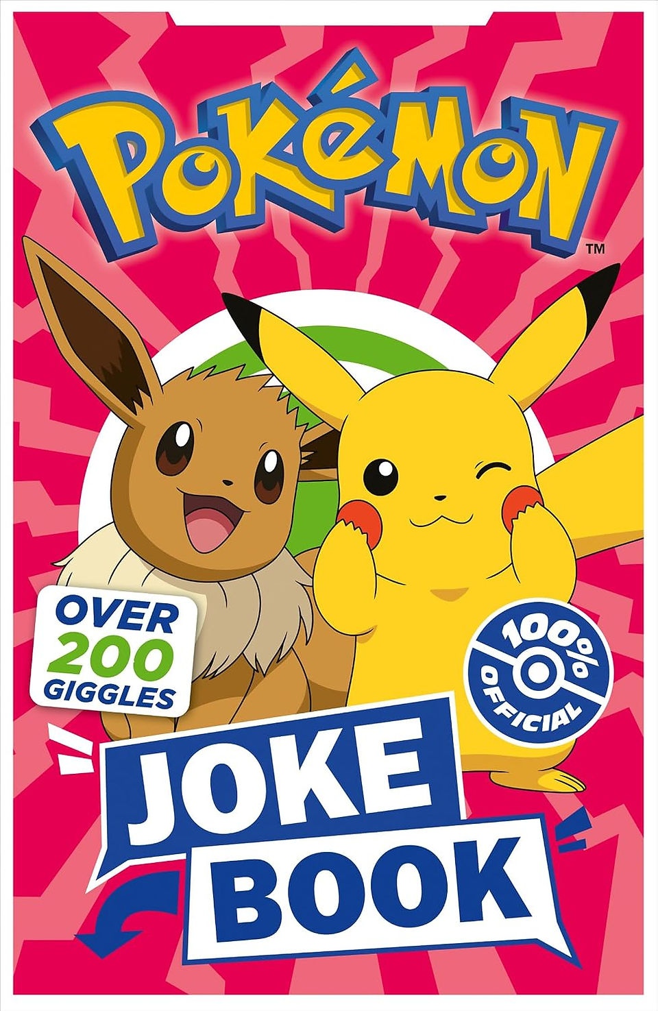 A smiling Eevee and a Pikachu winking, with its hands on its cheeks, against a background in different shades of pink.