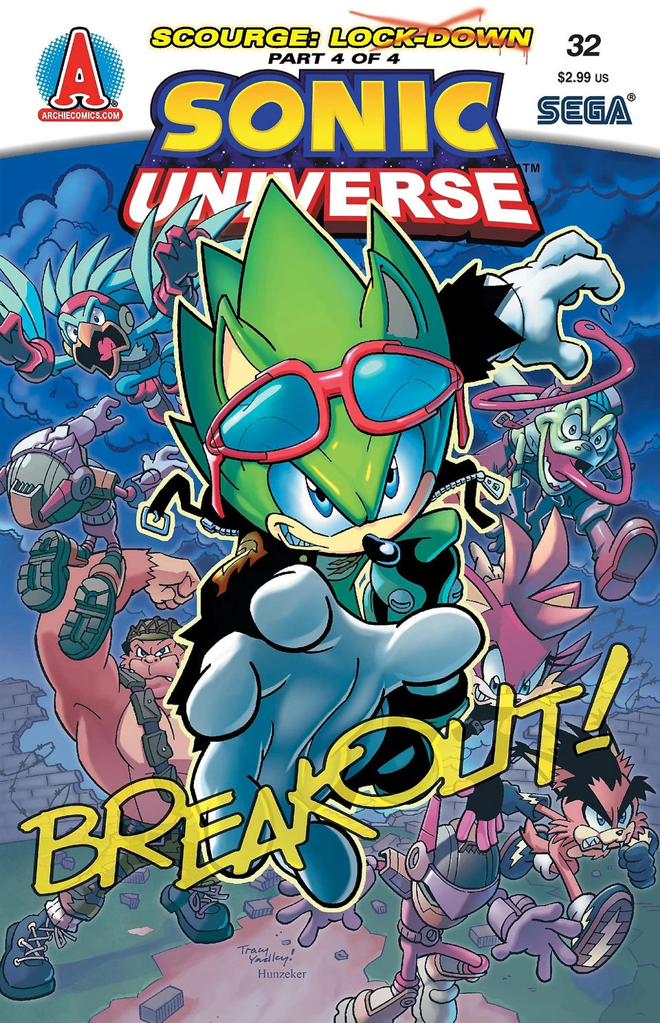 Scourge, wearing his black jacket and sunglasses, escapes from prison with his accomplices, with a shattered wall behind them and guards being knocked out along the way.