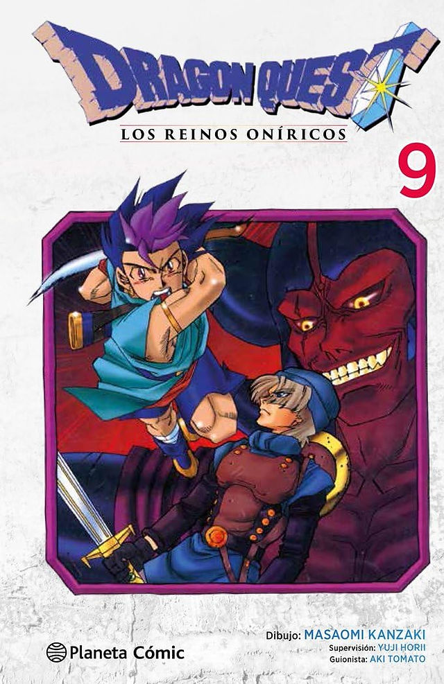Two warriors, one with purple hair wielding a sword, facing a looming red demon. Energetic and intense.