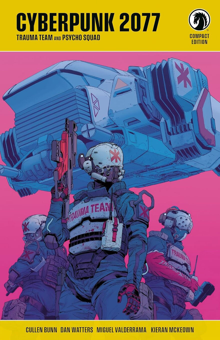 Cyberpunk 2077: Trauma Team comic cover shows three armored medics beneath a hovering blue aircraft against vivid pink, in a tense sci-fi scene.