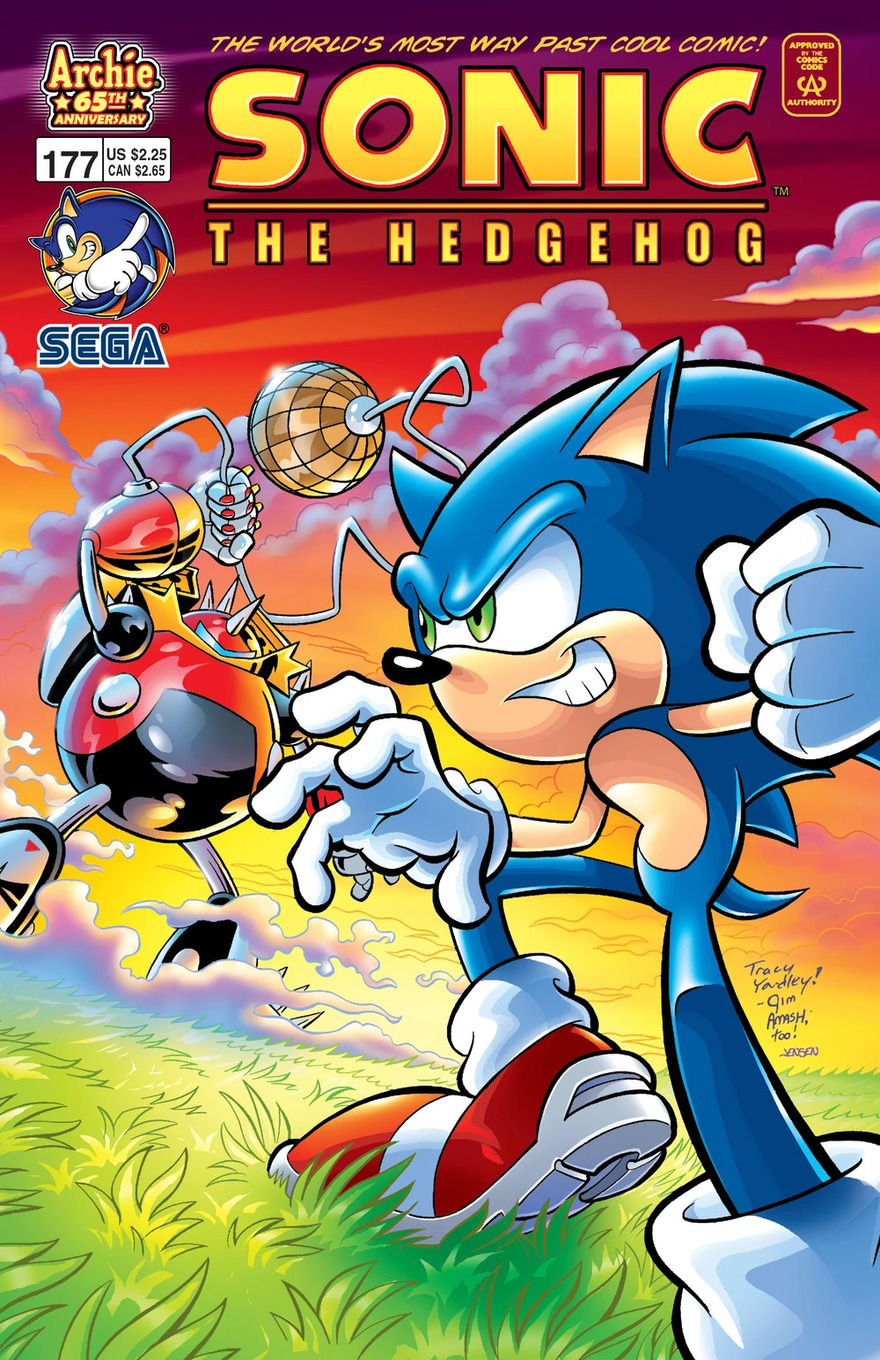 Sonic and a robot resembling Dr. Robotnik battle in a green field under the sun.