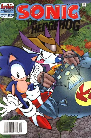 Sonic being carried by a character in a cowboy hat on a motorcycle in a forest setting. The mood is adventurous.