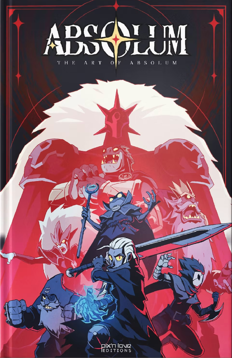 A white-haired warrior swings a sword amid allies and foes, beneath a looming red giant.
