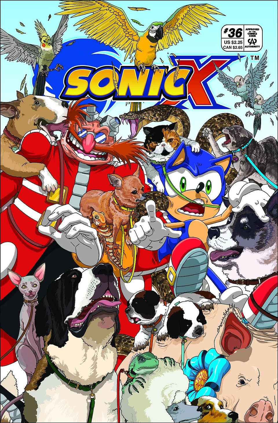 Sonic and Dr. Robotnik amid a crowd of cartoon animals, with birds, dogs, cats, snakes and lizards. 