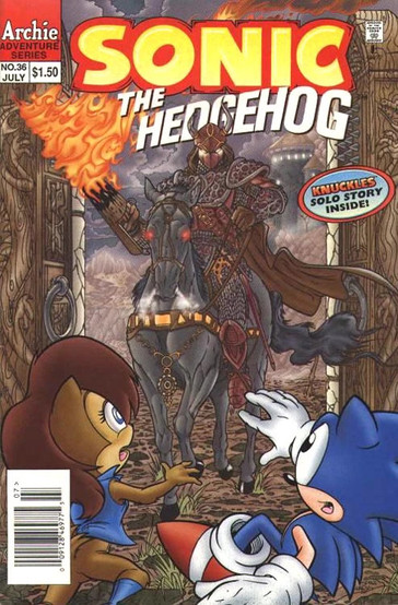 Sonic and a female character recoil in fear as they face a knight with flames coming from his hand, riding a dark horse.
