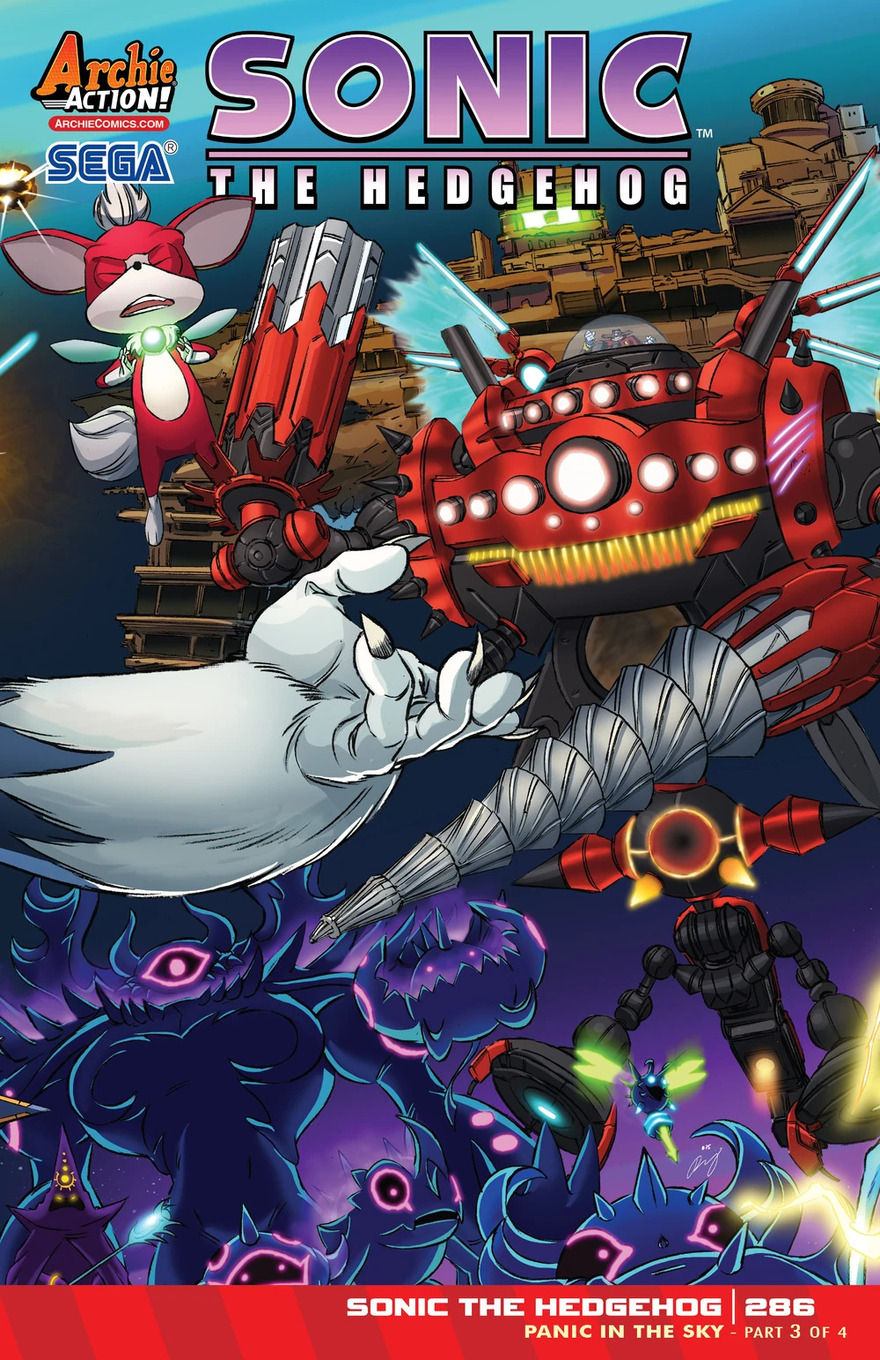 Sonic the Werehog’s claws reach in from the left, while Dr. Robotnik prepares to attack on the right, piloting a mecha with a drill for one of its arms. A small creature levitates and concentrates at the top, while purple creatures gather at the bottom.
