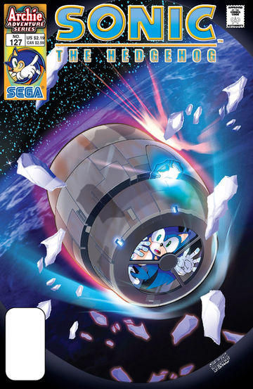 A worried Sonic in a space pod breaking through debris, with a planet in the backdrop.