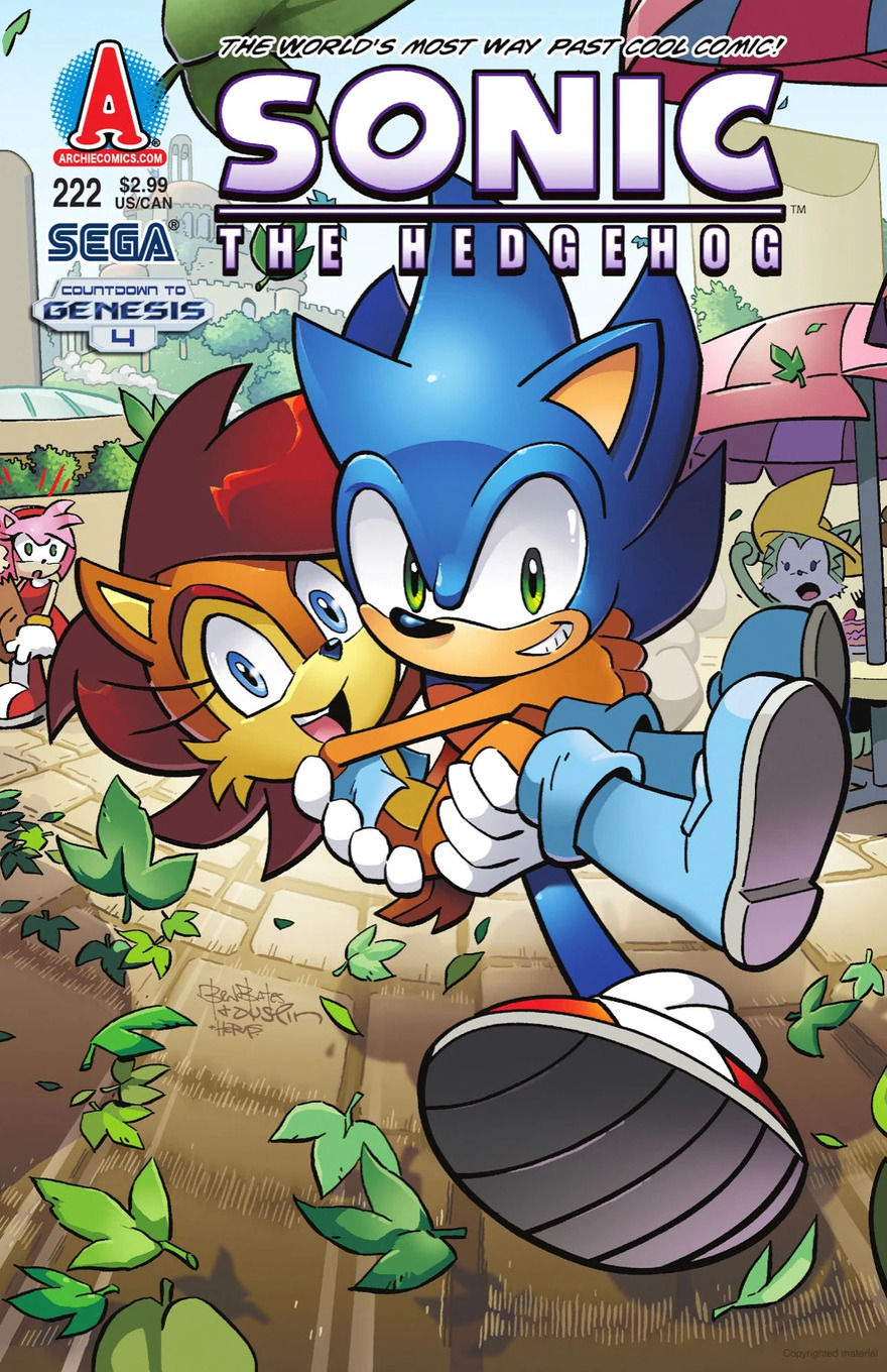 Sonic, smiling, runs with Sally in his arms, who is also smiling, as he kicks up leaves from the ground around them while other characters watch in amazement.
