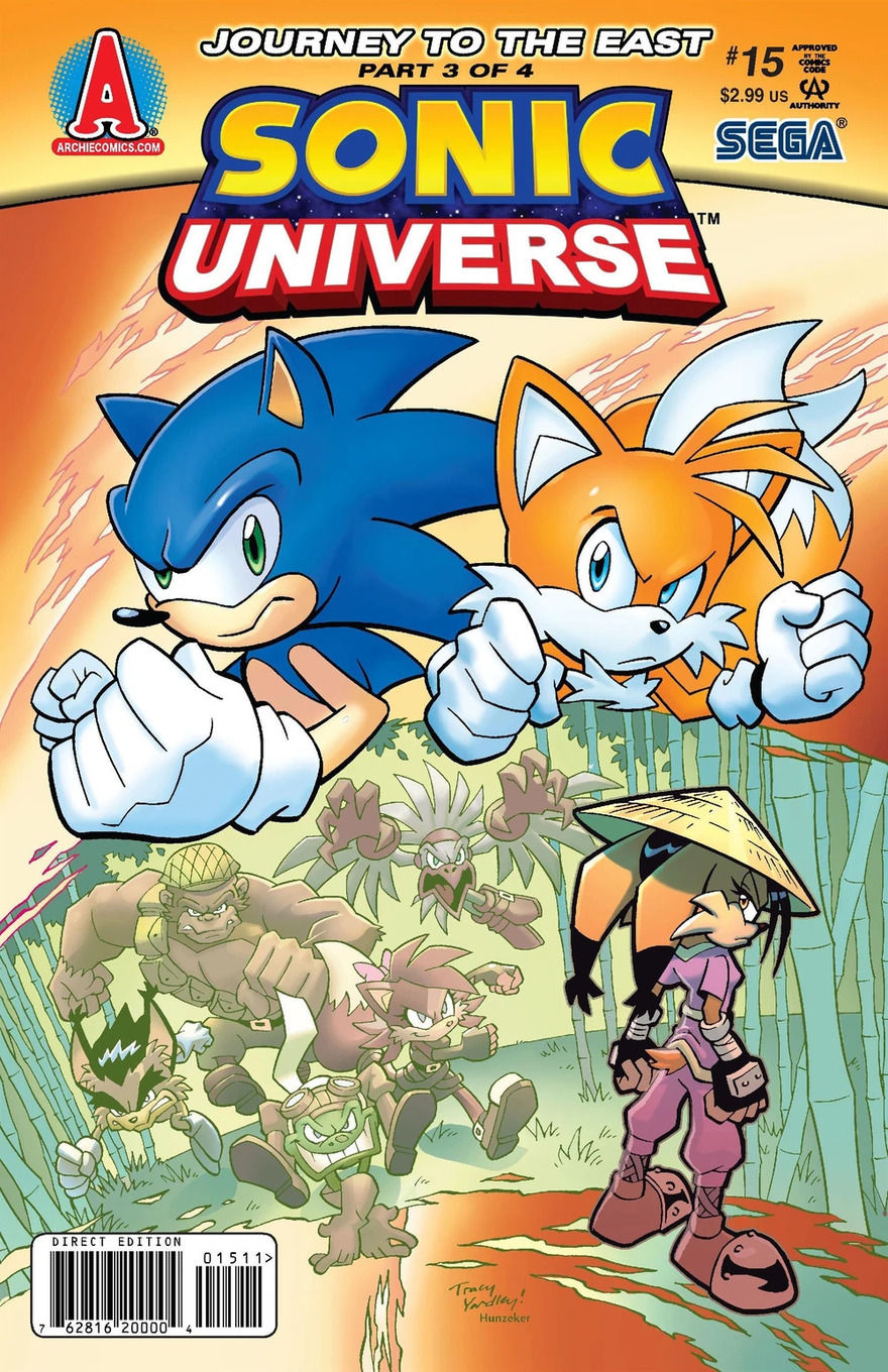 Sonic and Tails with angry expressions and clenched fists against an orange background, with a jungle setting below where a group of enemies charges forward.