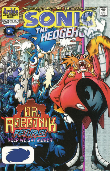 Sonic leaps over a crowd of robots trying to capture him. Dr. Robotnik, prominently featured, laughs malevolently with one arm raised.