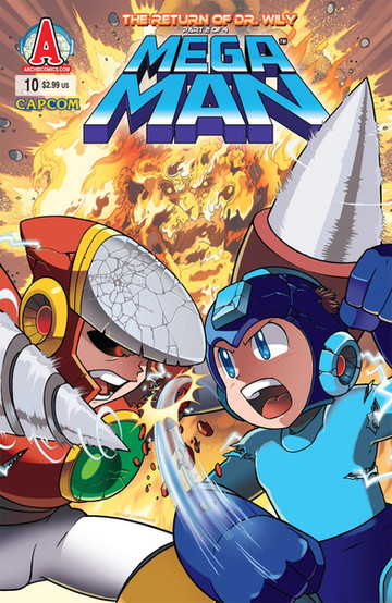 Mega Man battling a robot with a drill arm. Fiery explosion background, intense action.