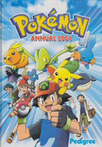 Cover of the Pokémon Annual 2004 features characters and Pokémon in dynamic poses against a blue burst background. Bright, adventurous tone.