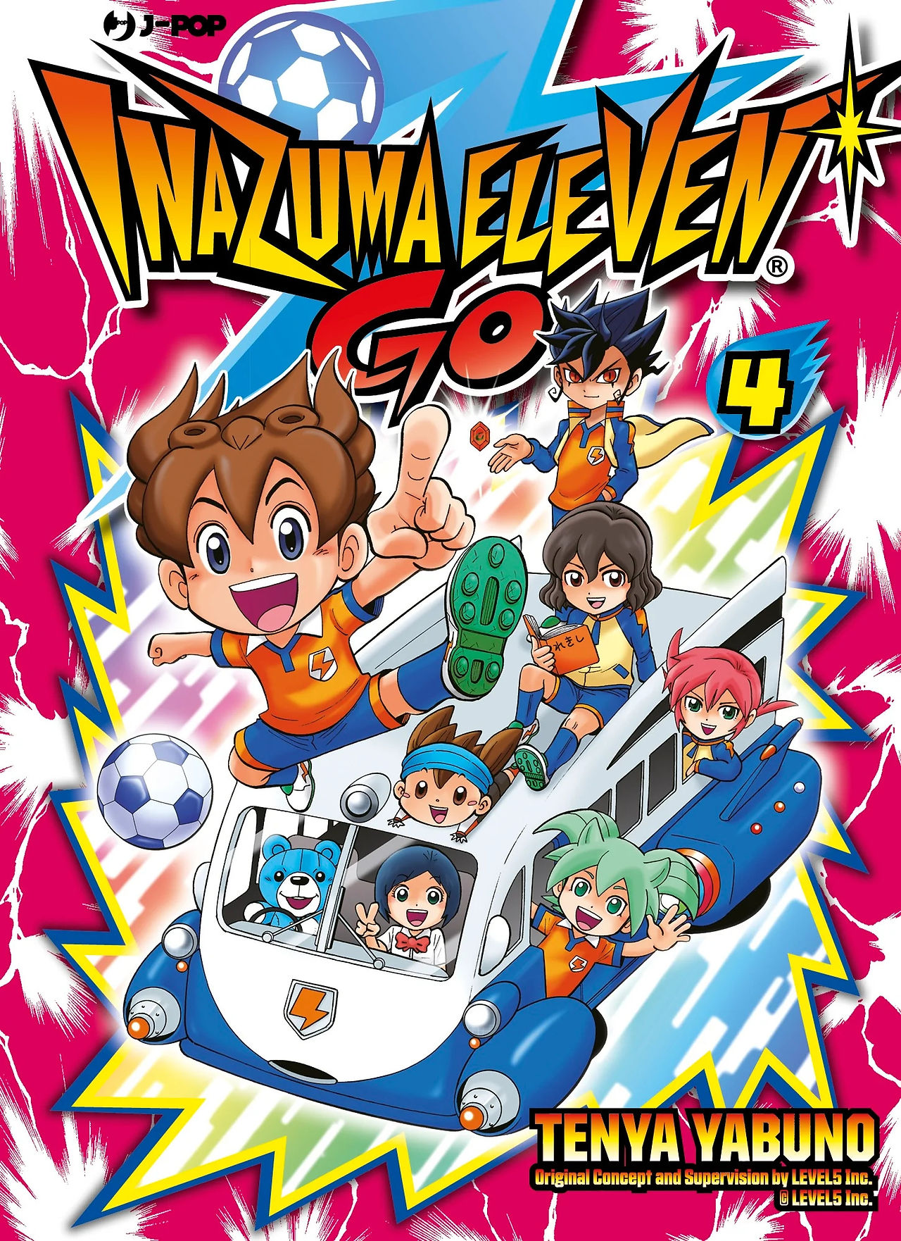 Anime-style football players leaping and cheering around a blue-and-white team vehicle, against vivid pink and yellow background.