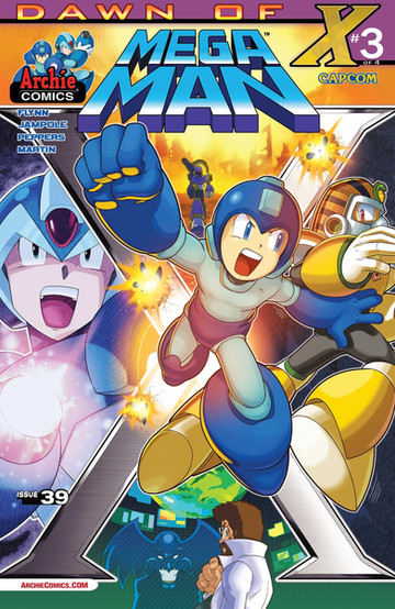 Comic cover featuring Mega Man in dynamic action pose, punching forward with a determined expression. Background shows other characters and intense energy.