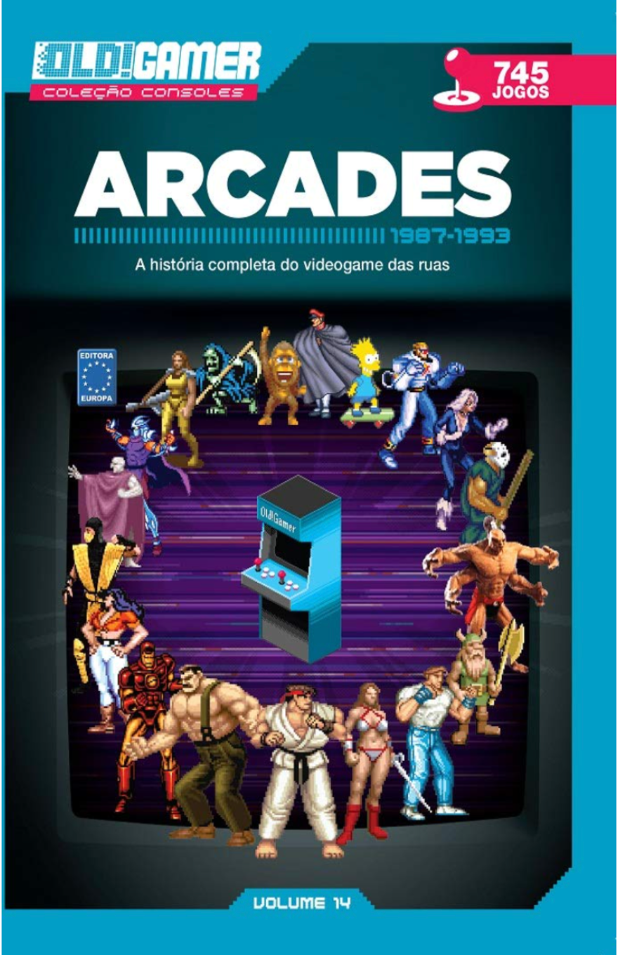 Cover of Old!Gamer magazine featuring “Arcades.” The cabinet is surrounded by various iconic game characters, set against a vibrant background.