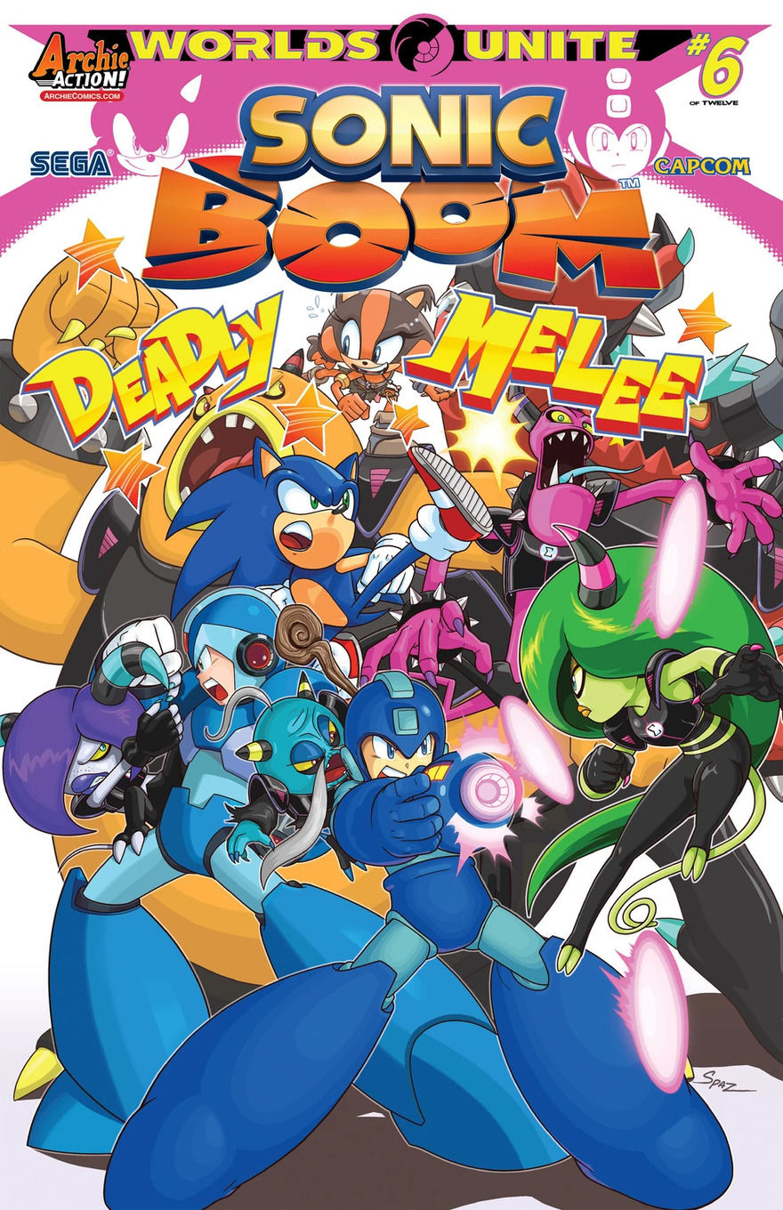 Sonic and Mega Man teaming with allies against colorful monster enemies amid laser shots.