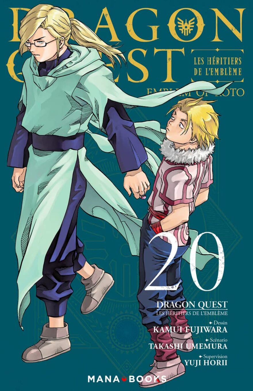 Cover of "Dragon Quest: Les Héritiers de l'Emblème" with two characters: one tall with blonde hair and glasses, the other short and looking up.