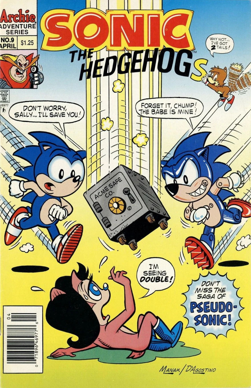 Comic book cover featuring two versions of Sonic, the original and a crooked one, racing to save Sally from a falling safe. Tails is flying above, observing the scene.
