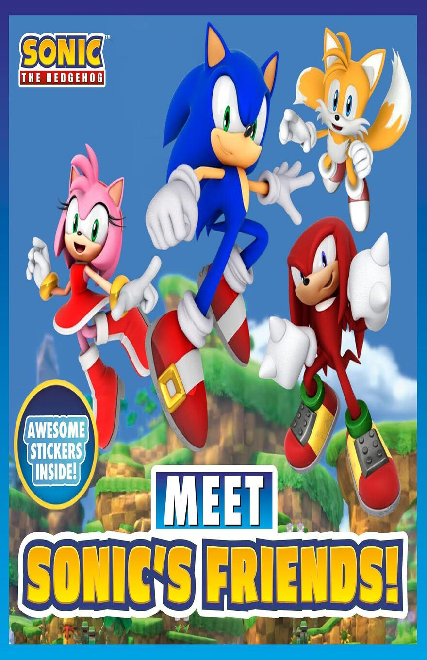 Sonic, Tails, Amy, and Knuckles jump into the air in an energetic group pose, with green hills and a blue sky in the background.