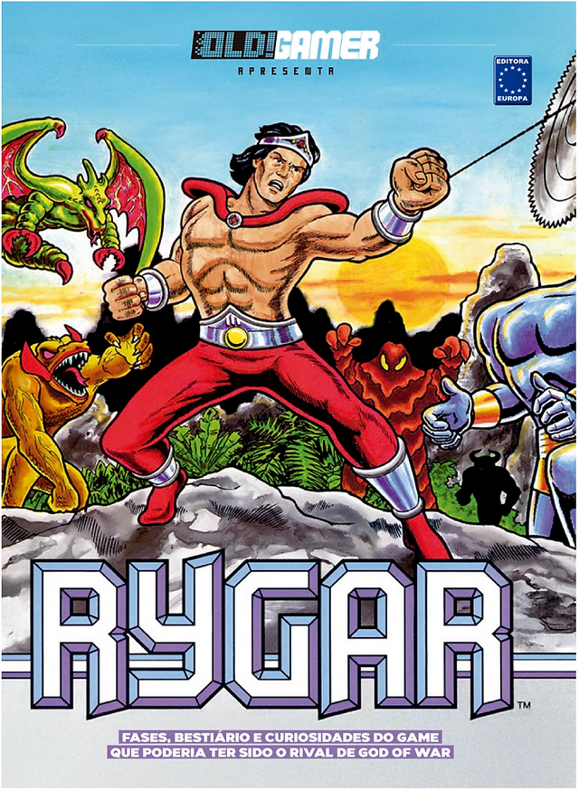 Comic-style cover featuring a muscular warrior in red armor wielding a spiked weapon. Surrounded by mythical creatures against a sunset backdrop. Bold "Rygar" text at the bottom. Energetic and adventurous tone.