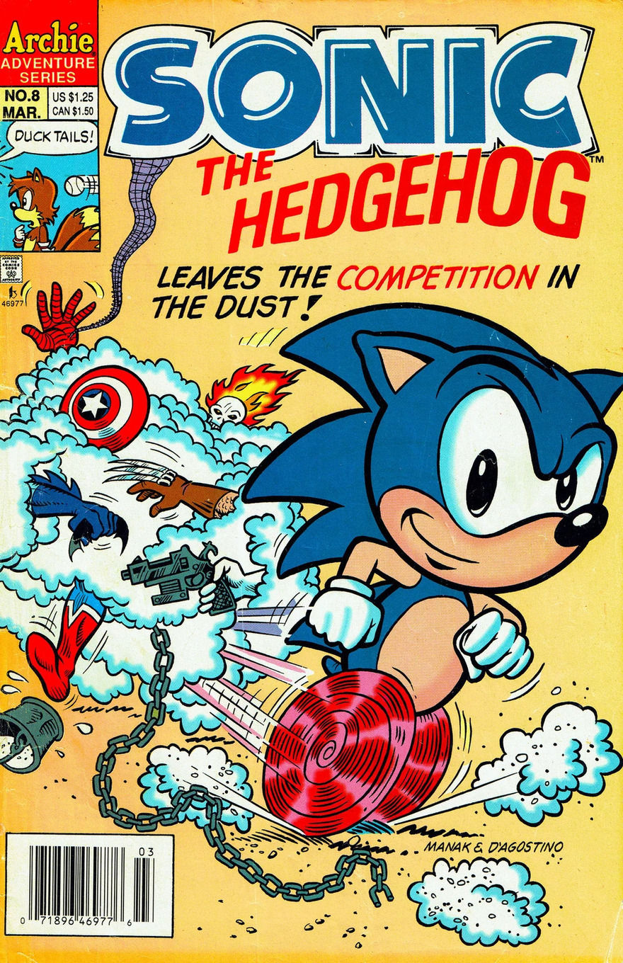 Comic cover featuring Sonic the Hedgehog in motion, leaving a swirl of dust. Competitors’ items, like a shield and gloves from known superheroes, trail behind him.