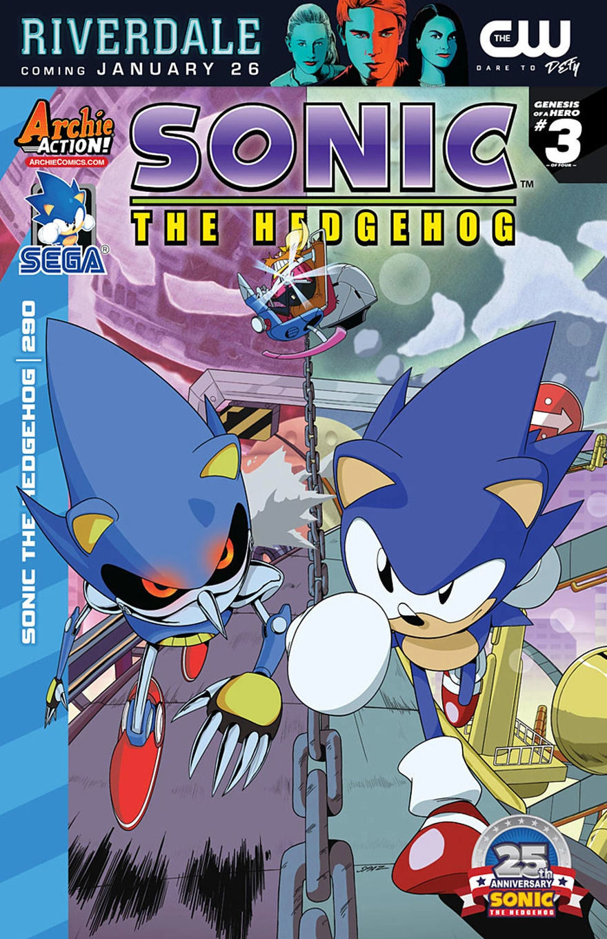 Sonic and Metal Sonic race toward the viewer, while a chain launched from Dr. Robotnik’s ship cuts across the middle of the cover.