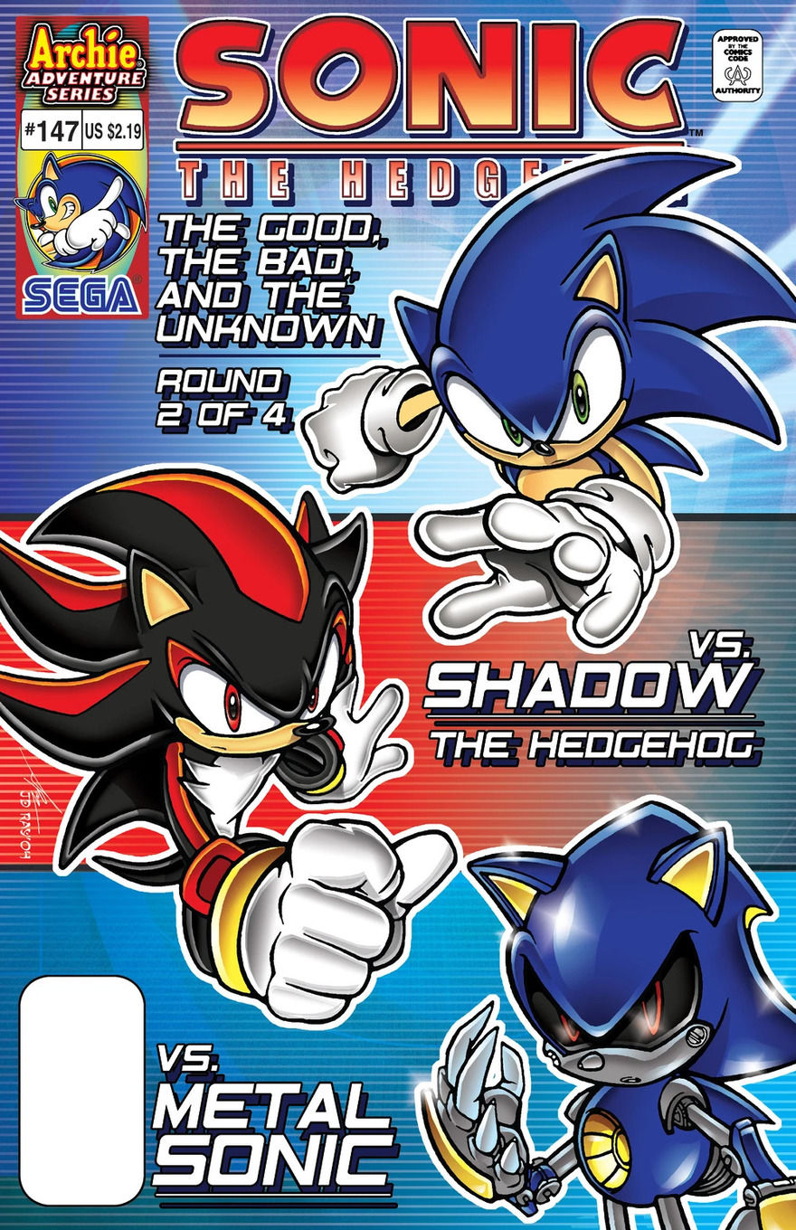Sonic, Shadow, and Metal Sonic in action poses.
