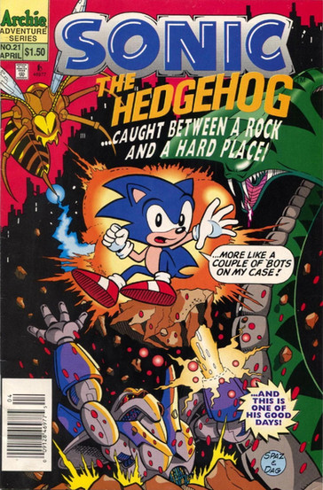 Comic book cover depicts Sonic jumping amidst explosions and flying debris. Robot enemies surround him, creating an action-packed scene.