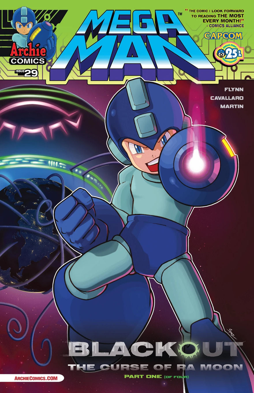 Mega Man poses dynamically with a glowing arm cannon against a cosmic backdrop, featuring a cosmic sphere and energy rings.