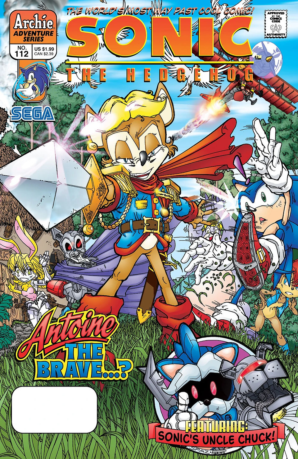 The central character, a fox in gallant attire wielding a sword, leads a charge while pushing Sonic aside. Other characters watch the scene with different expressions on their faces.