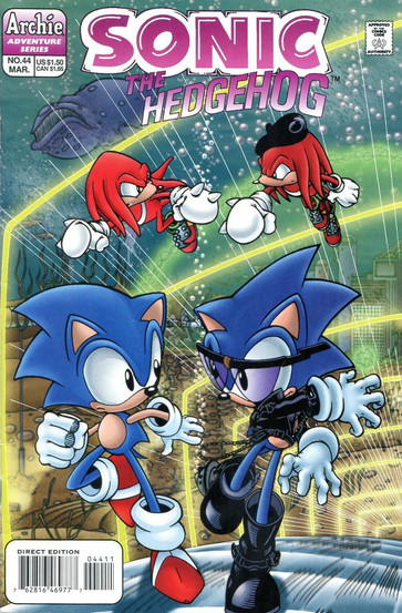Sonic and Knuckles face darker versions of themselves beneath a series of neon archways. A whale is depicted in the background, suggesting they're in an underwater environment.