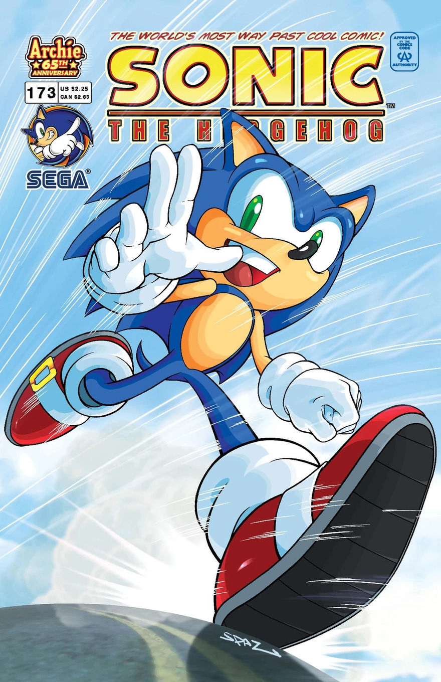 Sonic runs with a smile, waving at the viewer, with a blue sky in the background.