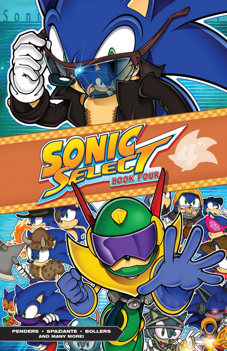Sonic wearing a black jacket and sunglasses at the top of the cover, with the logo in the center. Below, Sonic appears in different costumes.