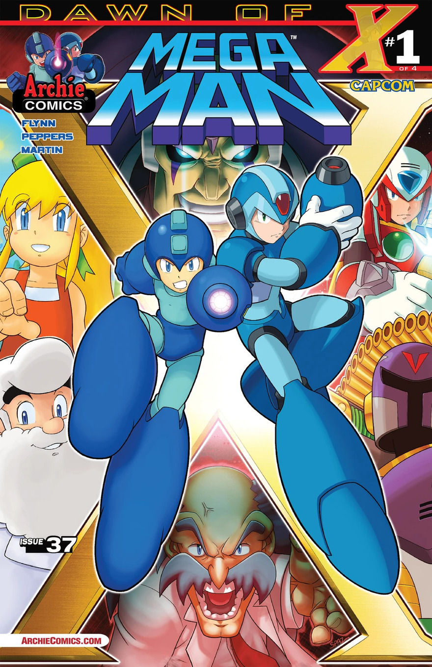 Mega Man and X in action poses, surrounded by supporting characters. Energetic and dynamic with vibrant colors.