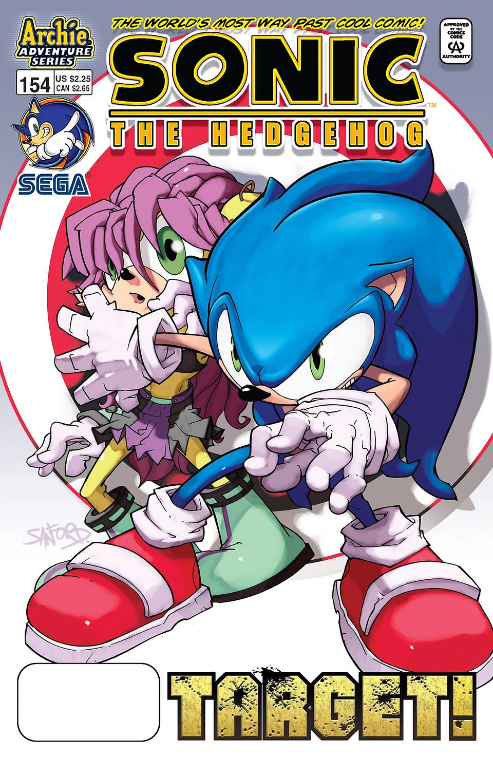 Sonic stands in front of Amy to protect her from an unknown threat, while a target symbol appears behind them.