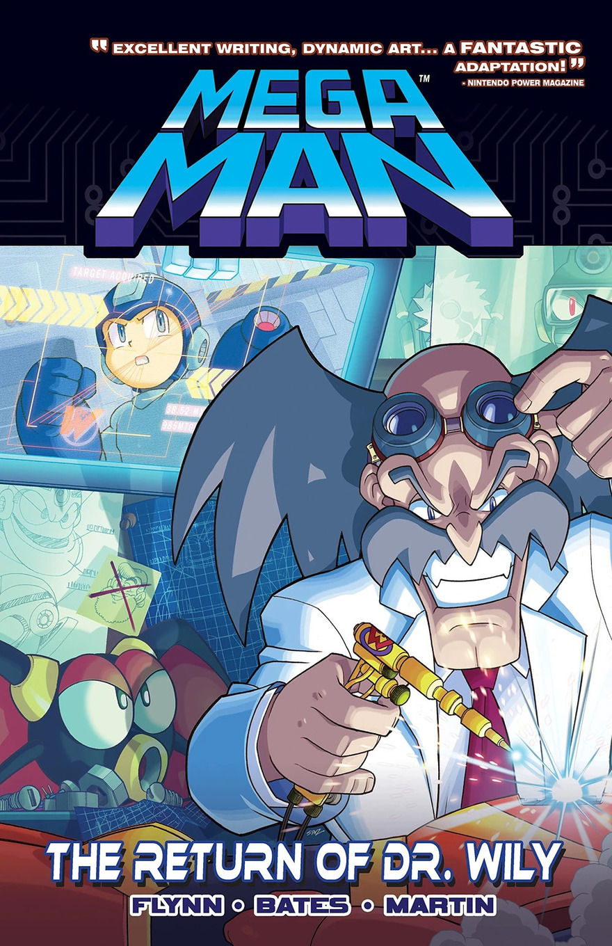 Dr. Wily is in the foreground with a mischievous grin, pointing a tool. Mega Man is shown on a screen.