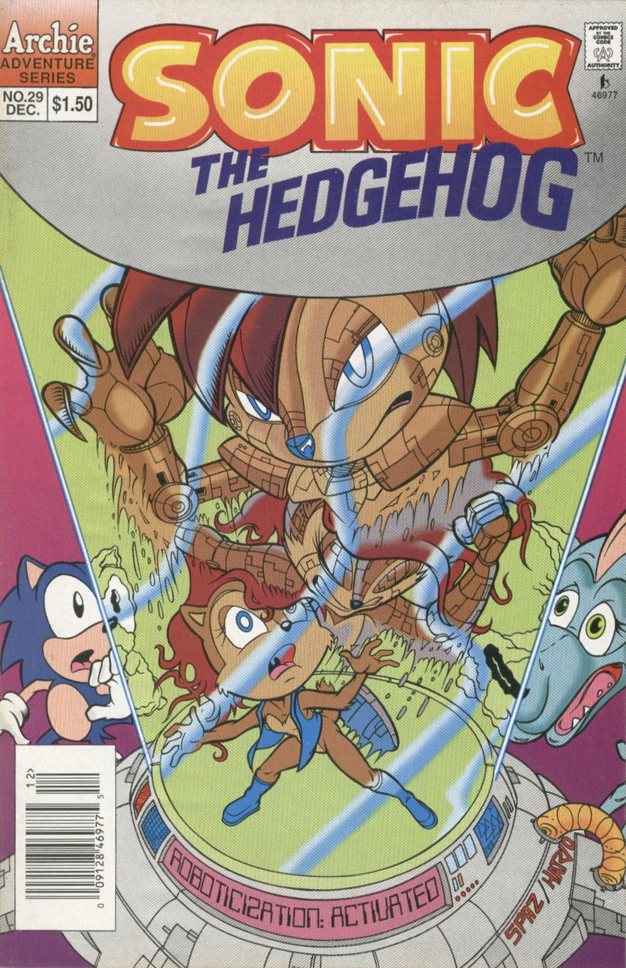 A character being transformed into a robot in a glass chamber. Sonic and others express shock.