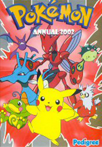 Bright Pokémon cover art from Annual 2002 featuring Pikachu, Scizor, Kingdra, and others in dynamic poses against a red, energetic background.