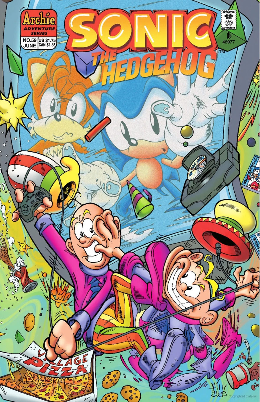 Sonic and Tails trapped behind a screen, with two playful characters in pink outfits in the foreground fighting over a videogame console. Chaos and joy ensue as pizza and gaming items float around.