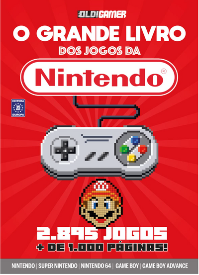 Red cover features “The Great Book of Nintendo Games” with a pixelated SNES controller and Mario's pixelated face. Includes 2,895 games, 1,000+ pages. Energetic tone.