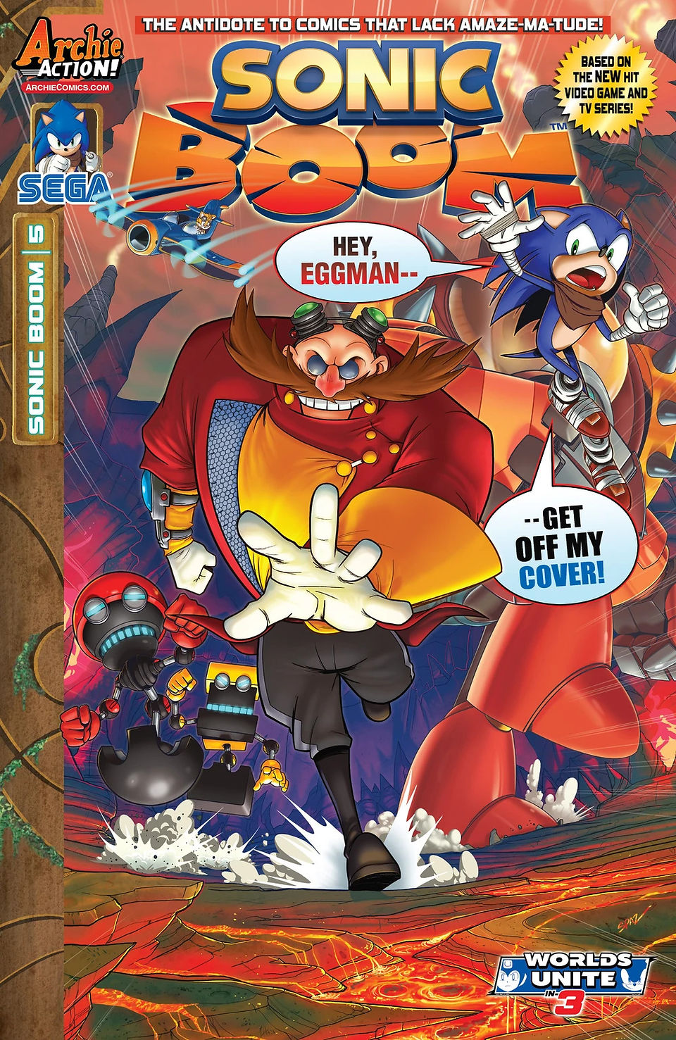Dr. Robotnik races forward with menacing robots following him across rocky, lava-filled terrain. Sonic appears frightened in the corner of the cover.