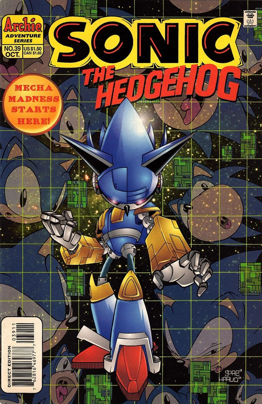 A metallic robotic character wearing golden and blue armor with red shoes stands at the center, resembling Sonic the Hedgehog. Behind it is a collage of Sonic’s faces showing different expressions.
