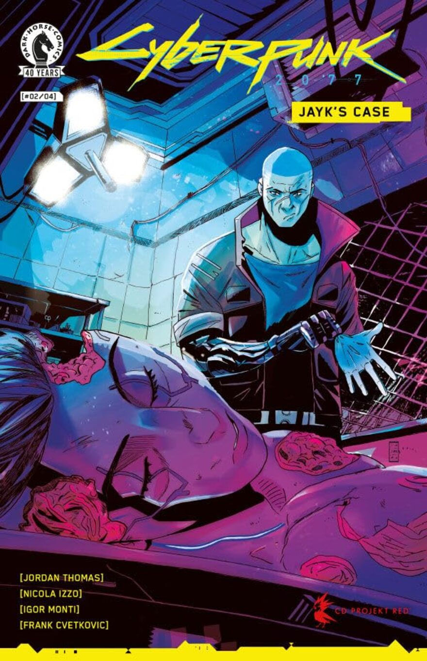 Cyberpunk comic book cover: a male character observes a deceased female character with injuries to her face and body, under artificial lighting.
