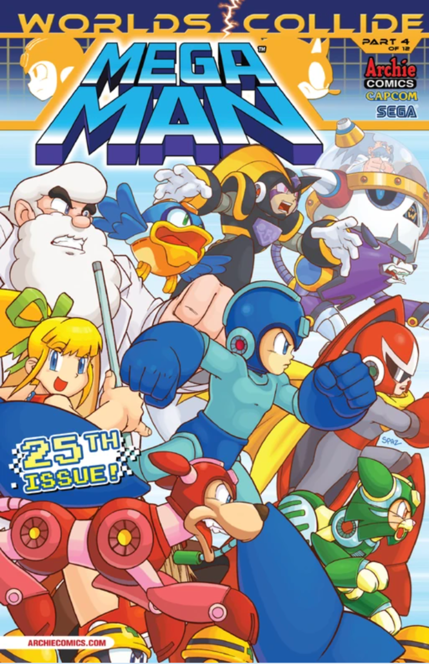 Comic book cover for Mega Man, featuring various colorful characters in action poses, including Mega Man.