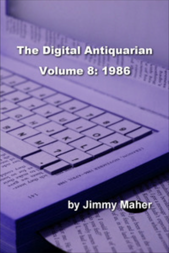 Book cover for “The Digital Antiquarian, Volume 8: 1986” featuring a purple-tinted vintage computer keyboard over printed pages.