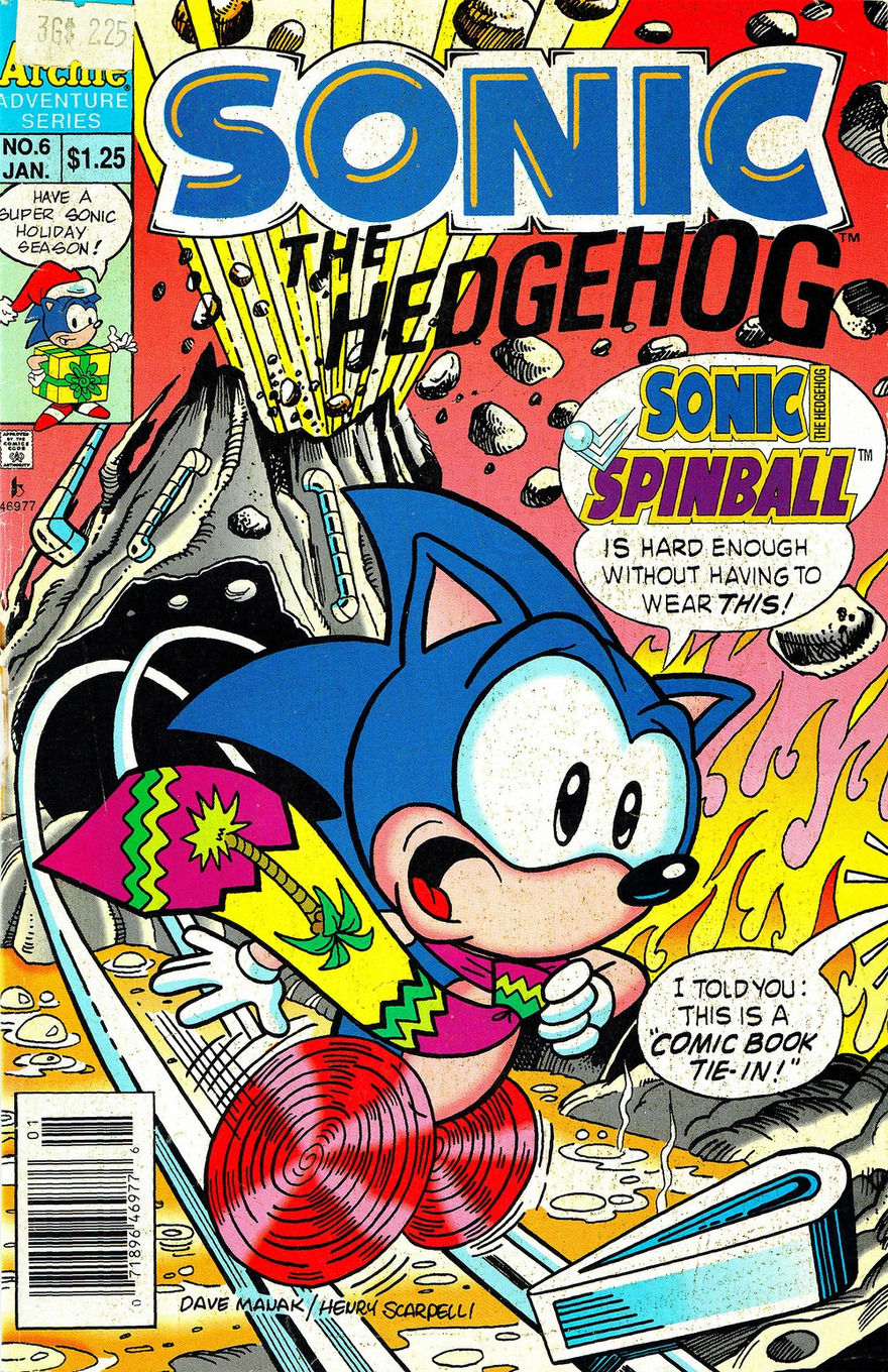 Sonic, wearing a tropical tie, is running away from an erupting volcano, surrounded by flames and falling rocks.